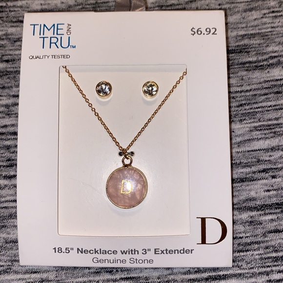 Genuine Rose Quartz with “D” Initial Disk Necklace and Earring Set 18.5” - Picture 2 of 12